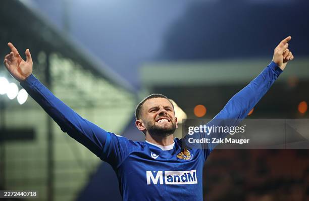 Reece McAlear of St. Johnstone FC celebrates scoring his team's first goal during the William Hill Championship match between Dunfermline Athletic...