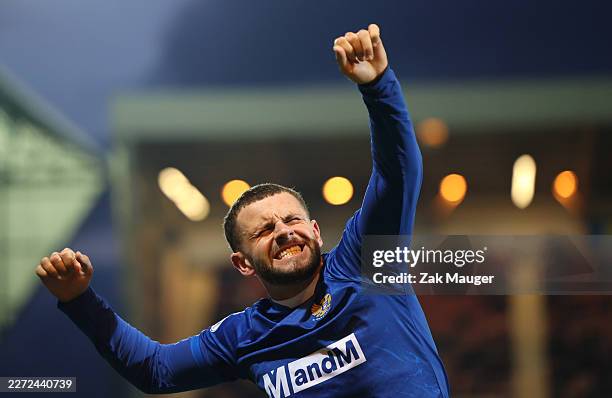 Reece McAlear of St. Johnstone FC celebrates scoring his team's first goal during the William Hill Championship match between Dunfermline Athletic...
