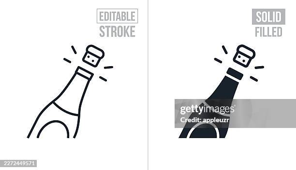 celebration with champagne being uncorked - editable stroke and solid icons - champagne bottle stock illustrations