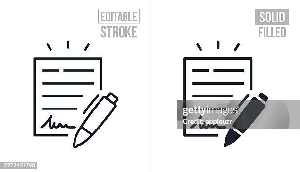 unterschriebener vertrag mit stift – editierbarer strich und solide symbole - unterschrift stock-grafiken, -clipart, -cartoons und -symbole