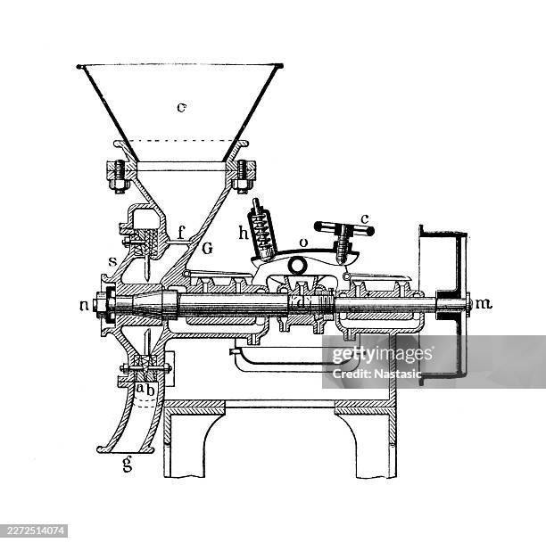 scientific cross-section illustration of a mechanical grinding mill used for processing grain, coffee, and spices. - cross grinding stock illustrations