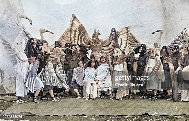 the birds (play by aristophanes) at cambridge university - opera stock illustrations