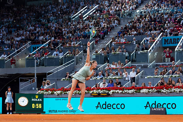 Aryna Sabalenka serves against Jaqueline Cristian of Romania during the Women's Singles Round of 32 match during the Mutua Madrid Open 2026...
