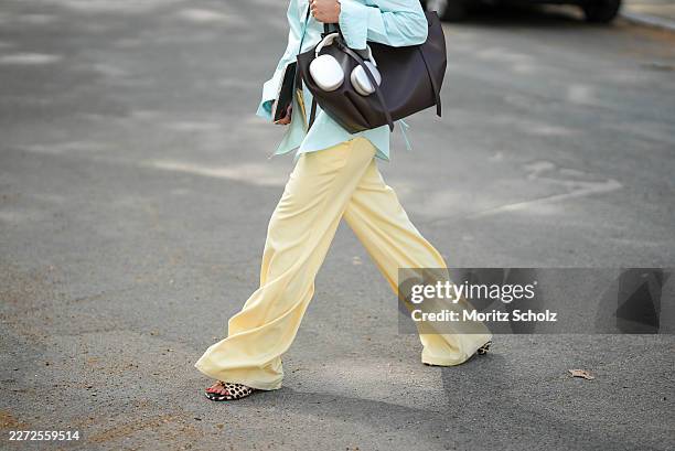 Julia Kammerer is seen wearing a mint green tie-front blouse from & Other Stories; yellow trousers from MyJewelry; leopard print flat slide sandals...