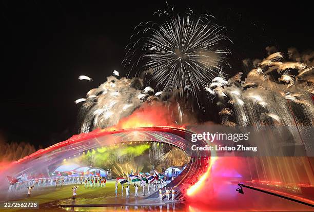 Fireworks light up the sky during the Opening Ceremony of the Sixth Asian Beach Games Sanya 2026 on April 22, 2026 in Sanya, China.