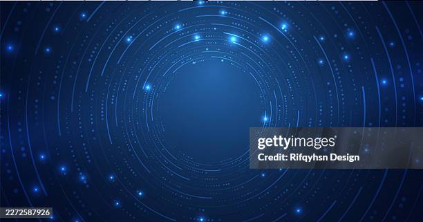 blue neon data circle and spiral vortex background with glowing dotted lines; futuristic abstract vector illustration for artificial intelligence, digital technology, and science network banner - circuit circle stock illustrations