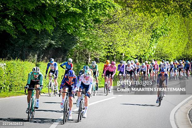 The breakaway group pictured during the men elite race of the Liege-Bastogne-Liege UCI World Tour one day cycling race 5km from Liege, over Bastogne...