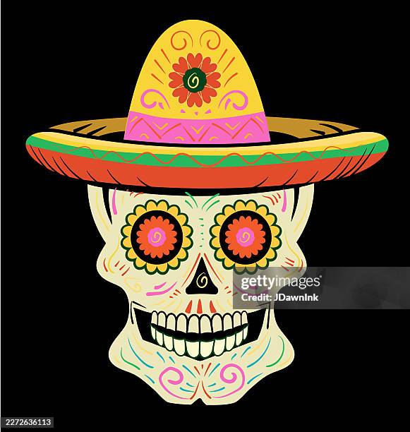 decorated mexican style skull and sombrero colorful elements - sombrero stock illustrations
