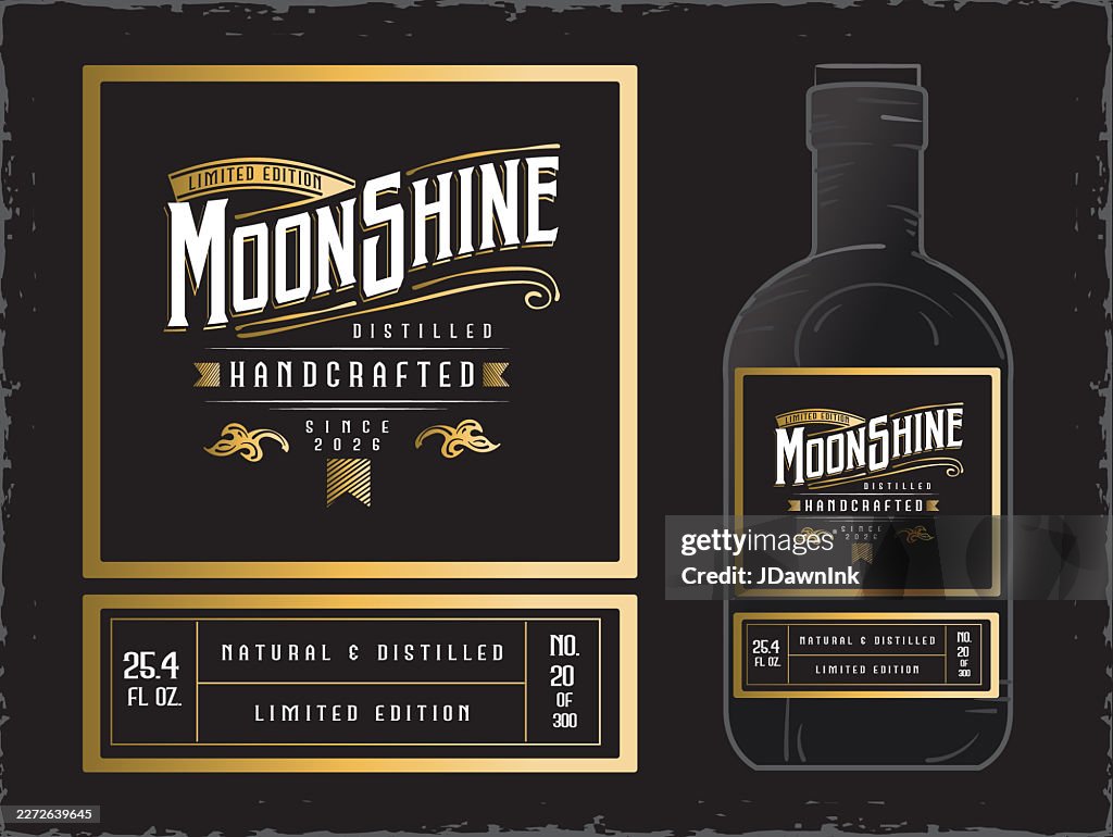 Craft Moonshine handcrafted and distilled label design with typography and ornate elements bottle mock up