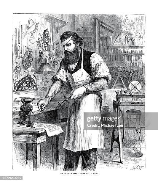 model maker in his workshop - engraving - apron mockup stock pictures, royalty-free photos & images
