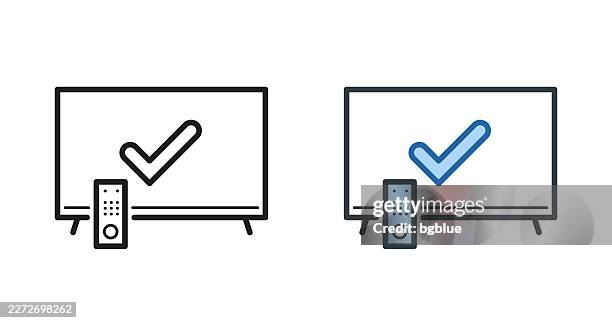tv with check mark. icons for design - editable stroke icon - broadcasting stock illustrations