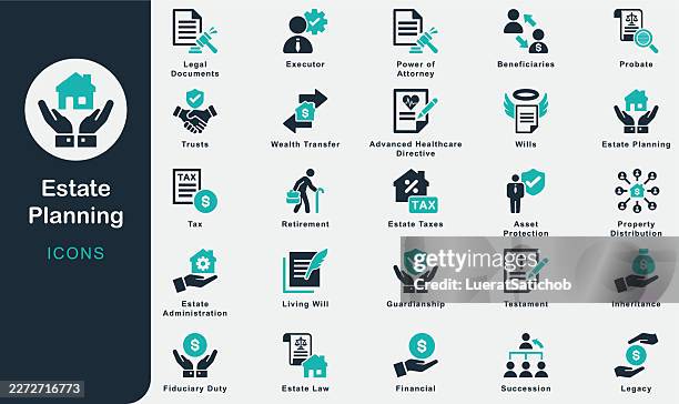 estate planning solid icons collection.containing wills, trusts, probate, succession, advanced healthcare directive, inheritance, estate law, asset protection, wealth transfer, beneficiaries, executor - retirement planning stock illustrations