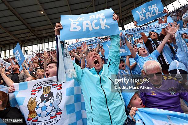Coventry City fans celebrate during the Sky Bet Championship match between Coventry City and Wrexham AFC at The Coventry Building Society Arena on...