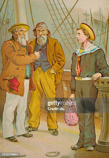 two older sailors speak on deck with a young sailor holding a small bundle — between rigging and ship’s rail, the encounter feels like a testing moment between experience and departure - grounds crew stock illustrations