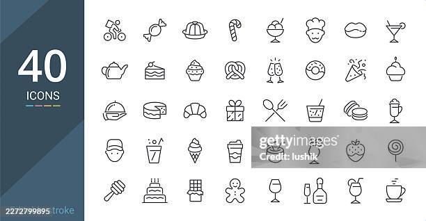 sweet food & drinks icon set. editable stroke weight. pixel perfect icons. - muffin stock illustrations