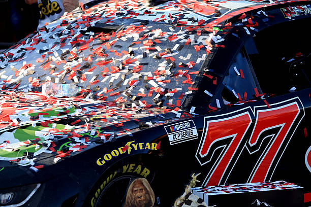 Confetti sits on the race car of Carson Hocevar after winning the NASCAR Cup Series Jack Link's 500 on April 26, 2026 at Talladega SuperSpeedway in...