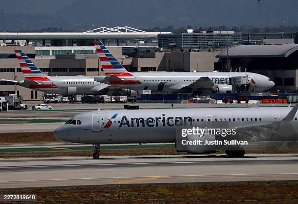 An American Airlines plane taxis at Los Angeles International Airport on April 23, 2026 in Los Angeles, California. American Airlines reported...