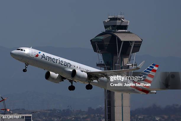 An American Airlines plane takes off from Los Angeles International Airport on April 23, 2026 in Los Angeles, California. American Airlines reported...
