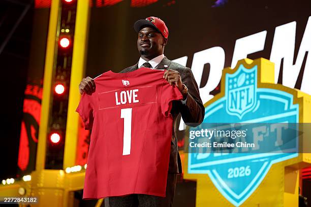 Jeremiyah Love of Notre Dame celebrates after being selected third overall pick by the Arizona Cardinals during Round One of the 2026 NFL Draft at...