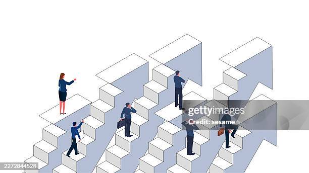 career development, the journey toward success and goals, progress or improvement. an isometric view of a businessman advancing up a staircase - stepping forward stock illustrations