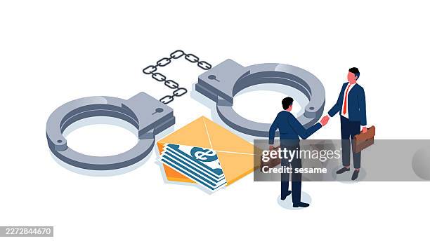 illegal transactions, bribery, criminal activity. an isometric view of two businessmen standing next to handcuffs and envelopes filled with cash, shaking hands - holding handcuffs stock illustrations