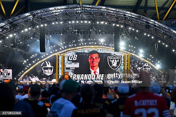 Detailed view of the stage showing a still of Fernando Mendoza of the Indiana on screen after being selected first overall pick by the Las Vegas...