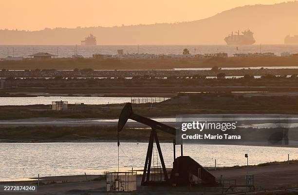 Pumpjack stands idle in the Huntington Beach oil field on April 23, 2026 in Huntington Beach, California. California imports approximately 75 percent...