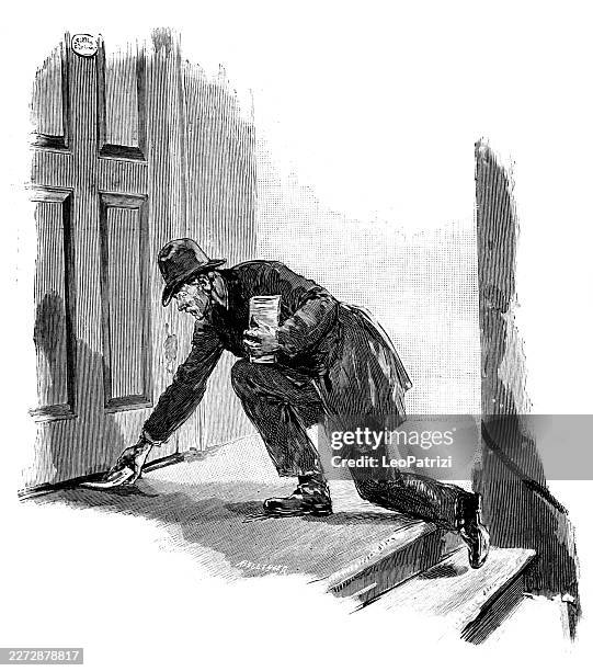 vintage engraving depicting a socialist activist clandestinely distributing political brochures under a door at night - front steps stock illustrations