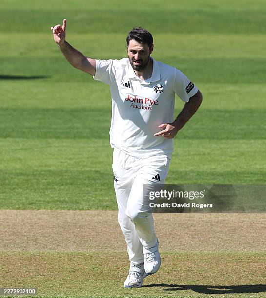 Brett Hutton of Nottinghamshire celebrates after taking the wicket of Alex Davies during the Rothesay County Championship Division 1 match between...