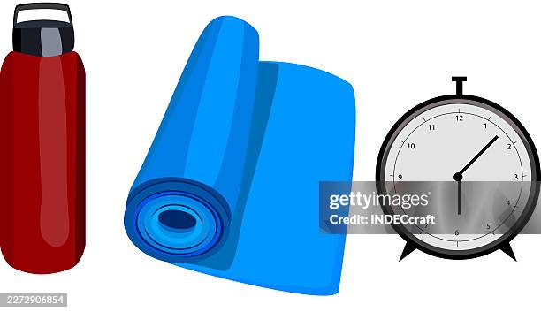 yoga mat_water bottle and clock - screw top stock illustrations
