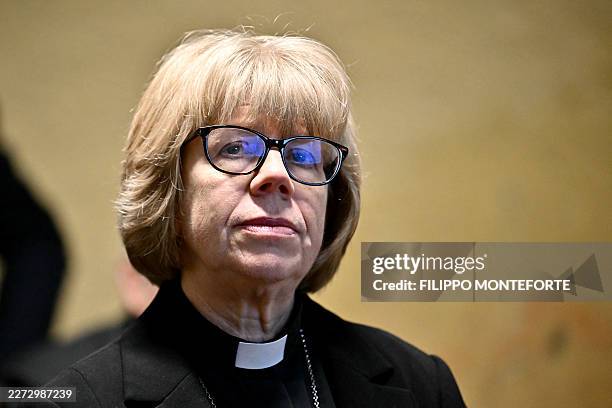 Sarah Mullally, Archbishop of Canterbury, looks on as she visits Nafuma Refugee Centre in central Rome on April 28, 2026.