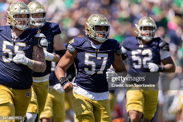 Notre Dame Fighting Irish offensive lineman Chris Terek and Notre Dame Fighting Irish offensive lineman Cam Herron run onto the field during the...