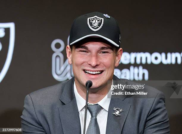 Quarterback Fernando Mendoza, selected yesterday by the Las Vegas Raiders as the No. 1 overall pick in the 2026 NFL draft, attends a news conference...