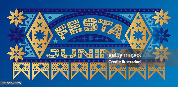 festa junina beautiful decorated sign in elegant blue background - festa junina stock illustrations