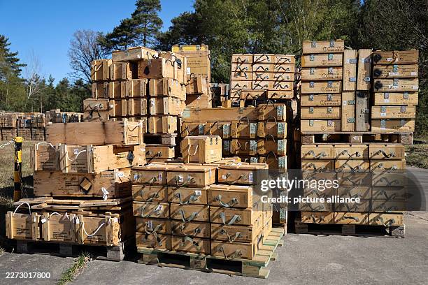 April 2026, Lower Saxony, Munster: Empty wooden ammunition crates are stored on the premises of Geka near Munster. In order to gradually dispose of...