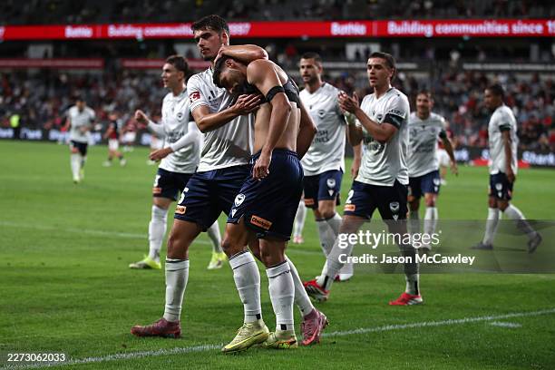 Nikos Vergos of the Victory celebrates scoring a goal during the round 26 A-League Men match between Western Sydney Wanderers and Melbourne Victory...
