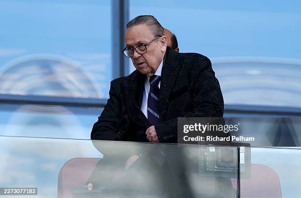 David Sullivan, Chairman of West Ham United, looks on from the stands prior to the Premier League match between West Ham United and Everton at London...