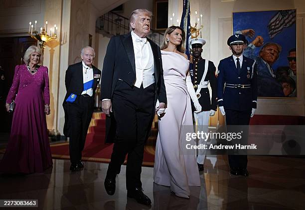 President Donald Trump and first lady Melania Trump arrive with King Charles III and Queen Camilla for a state dinner at the White House on April 28,...