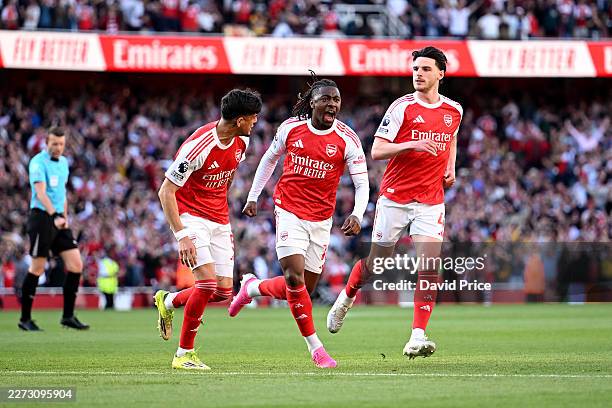 Eberechi Eze of Arsenal celebrates scoring his team's first goal during the Premier League match between Arsenal and Newcastle United at Emirates...