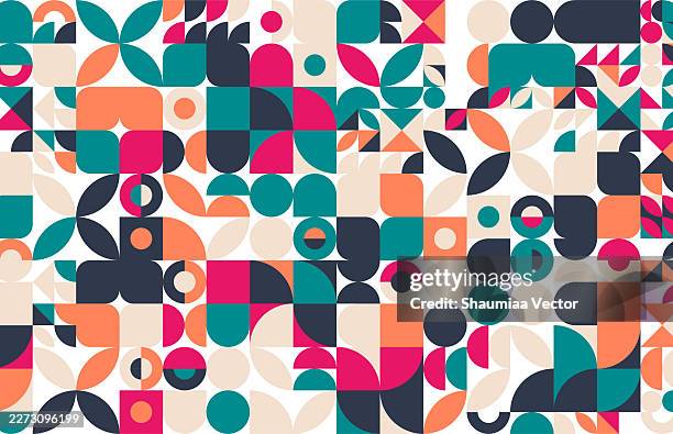 abstract geometric vector background in pastel orange, pink, green and blue with modern bauhaus shapes, minimalist memphis style design for posters, flyers, branding, web banners and marketing materials - memphis design stock illustrations