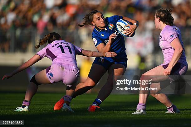 Alissa Ranucini of Italy in action is tackled by Shona Campbell of Scotland during the Women's Guinness Six Nations 2026 match between Italy and...