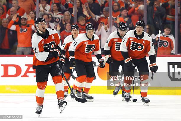 Travis Konecny of the Philadelphia Flyers celebrates after scoring a goal on Arturs Silovs of the Pittsburgh Penguins during the third period in Game...