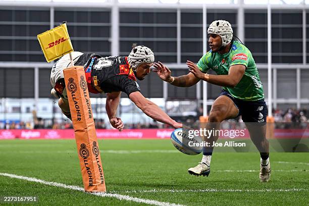 Daniel Sinkinson of the Chiefs scores a try that was later disallowed during the round 11 Super Rugby match between Chiefs and Fijian Drua at One NZ...