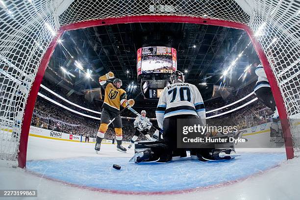 Mitch Marner of the Vegas Golden Knights to a goal during the second period in Game Five of the First Round of the 2026 Stanley Cup Playoffs against...