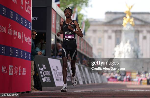 Yomif Kejelcha of Team Ethiopia crosses the line and finishes second during the Men's 2026 TCS London Marathon on April 26, 2026 in London, England.