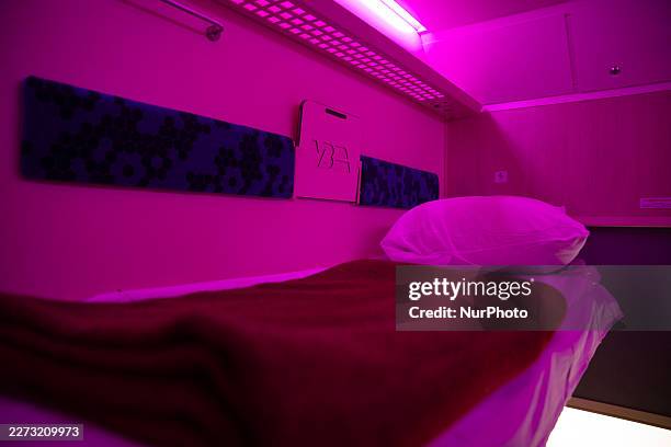 An upper berth is inside the compartment of the new flagship Sakura train operating on the Kyiv-Uzhhorod route in Kyiv, Ukraine, on April 28, 2026....