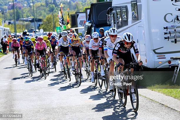 Demi Vollering of Netherlands and Juliette Berthet of France and Team FDJ United - SUEZ compete during the 10th Liege - Bastogne - Liege Femmes 2026...