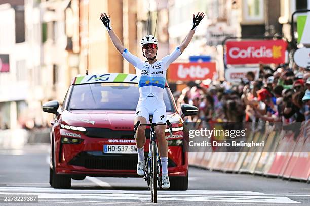 Demi Vollering of Netherlands and Team FDJ United - SUEZ celebrates at finish line as race winner during the 10th Liege - Bastogne - Liege Femmes...