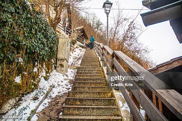 escalones de piedra nevada y barandillas de madera en un sendero en la ladera de hallstatt, austria - hallstatt fotografías e imágenes de stock