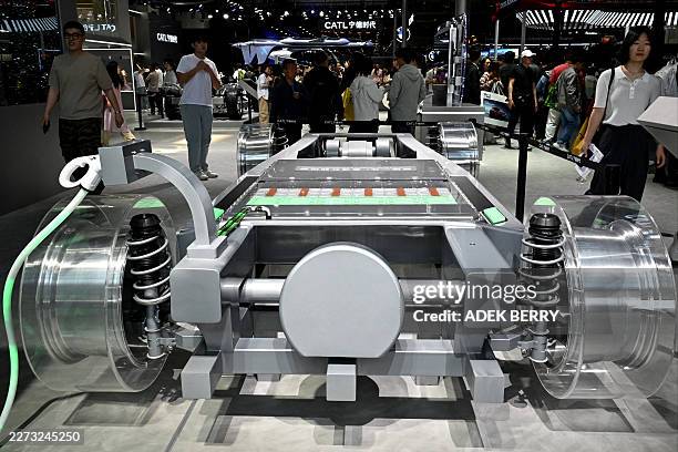 People visit the Contemporary Amperex Technology Co., Limited booth during the Beijing Auto Show in Beijing on April 30, 2026.